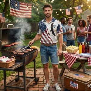 American Summer Patriotic Eagle & Flag Graphic Polo - 100% Cotton - Large